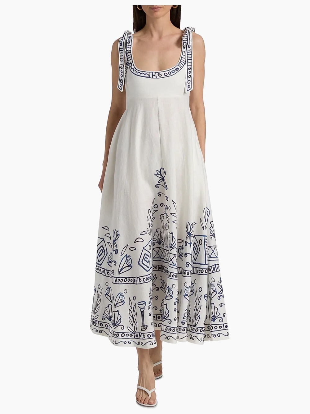 Alemais leela White Midi Dress with Navy Blue Folk Embroidery